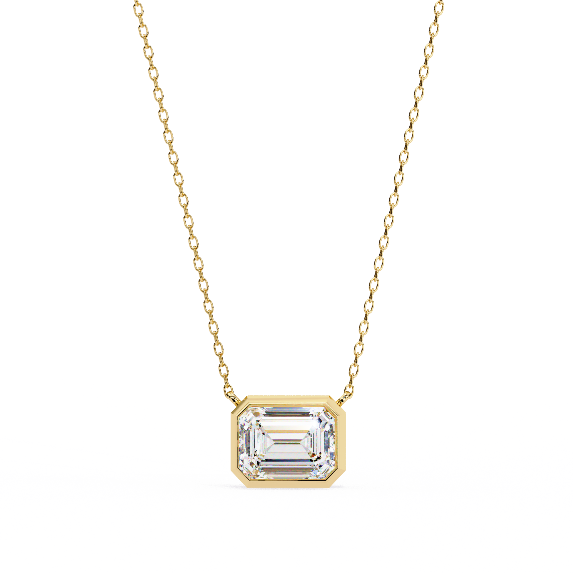 14K Gold East-West Bezel Set Emerald Cut Diamond Necklace