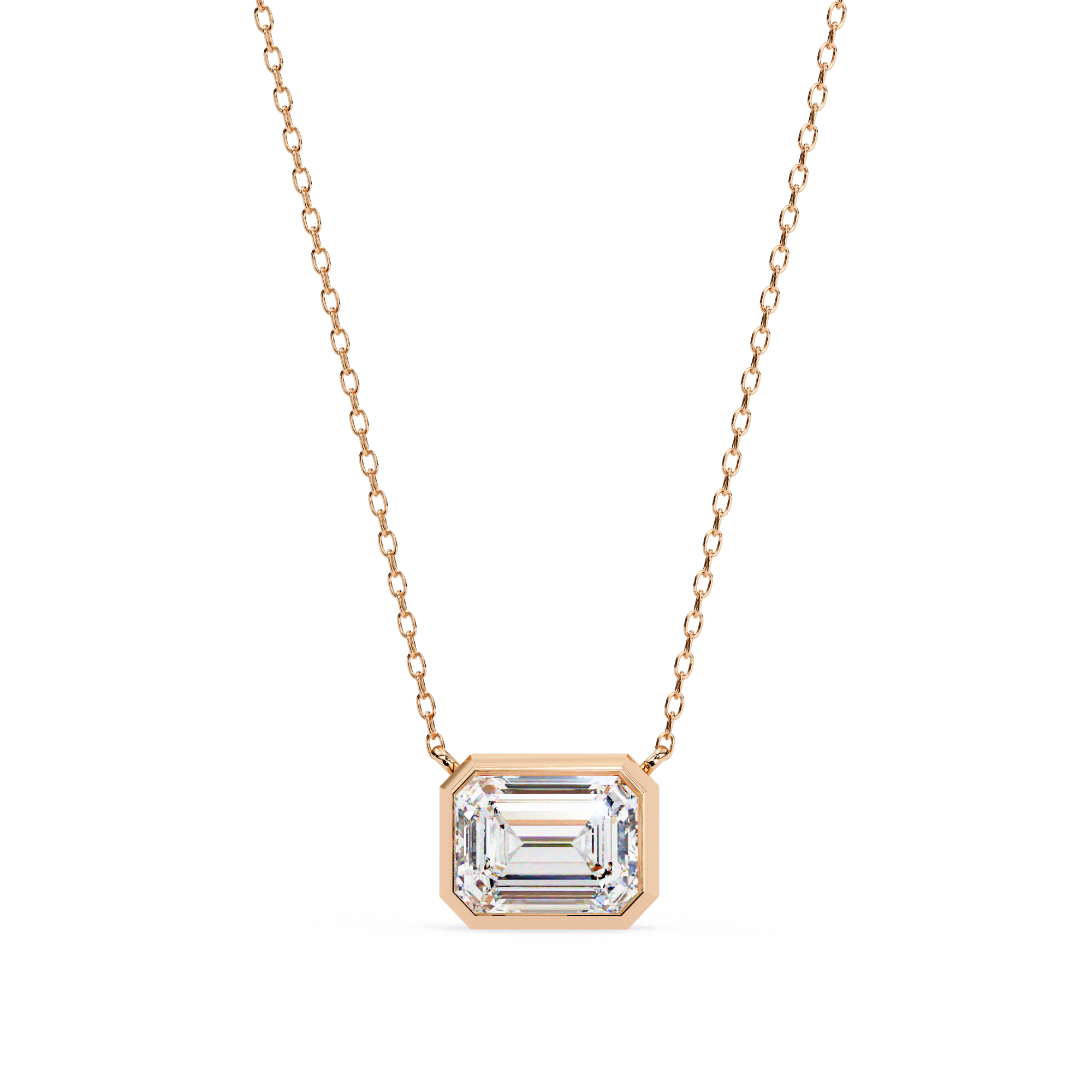 14K Gold East-West Bezel Set Emerald Cut Diamond Necklace
