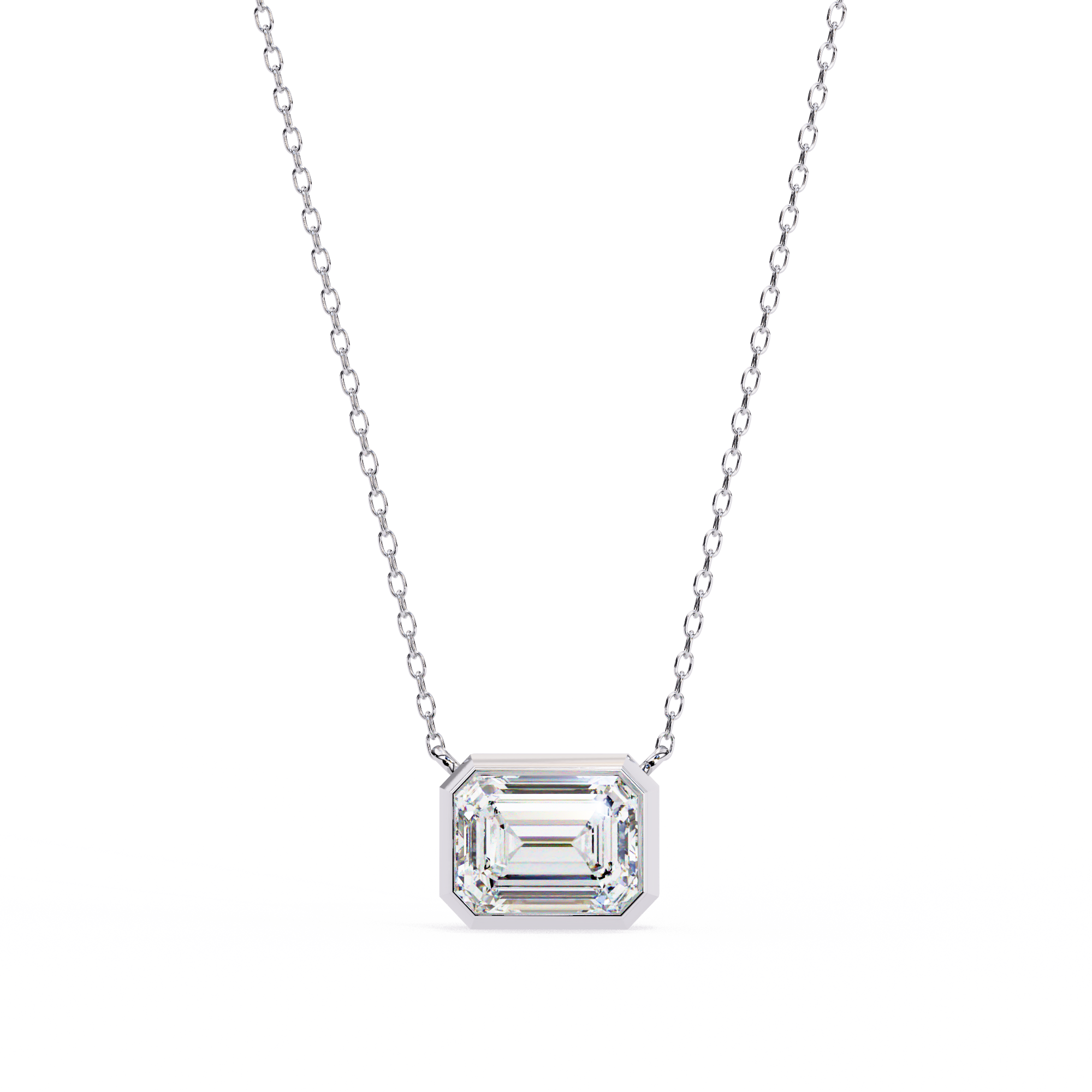 14K Gold East-West Bezel Set Emerald Cut Diamond Necklace