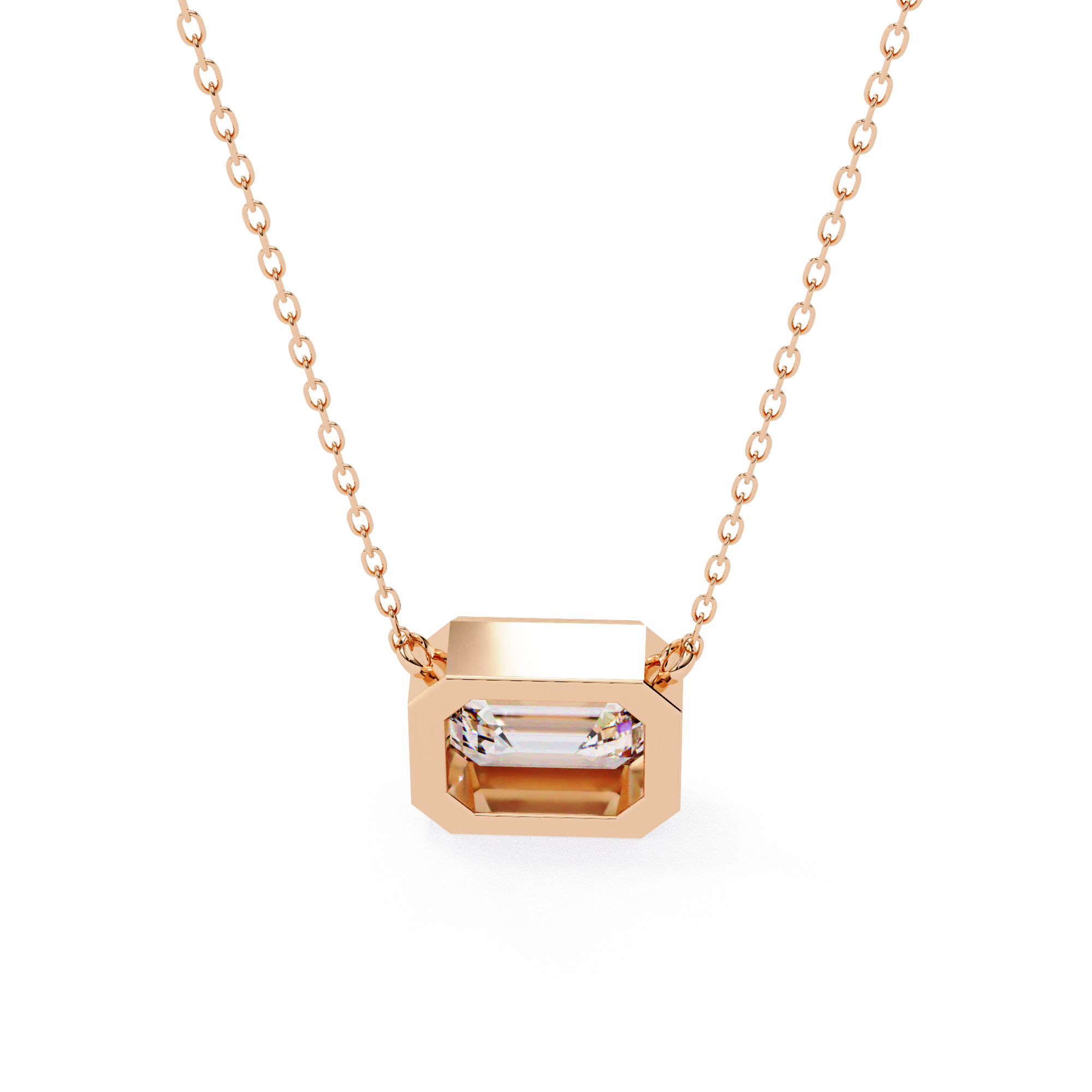 14K Gold East-West Bezel Set Emerald Cut Diamond Necklace
