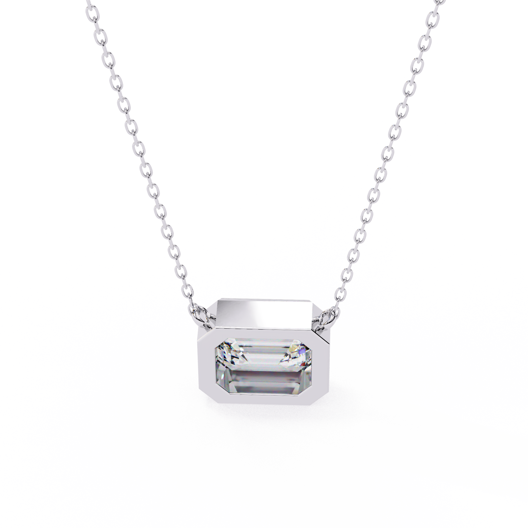 14K Gold East-West Bezel Set Emerald Cut Diamond Necklace