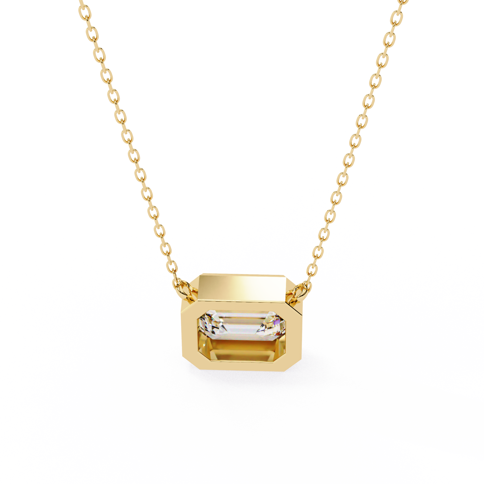 14K Gold East-West Bezel Set Emerald Cut Diamond Necklace