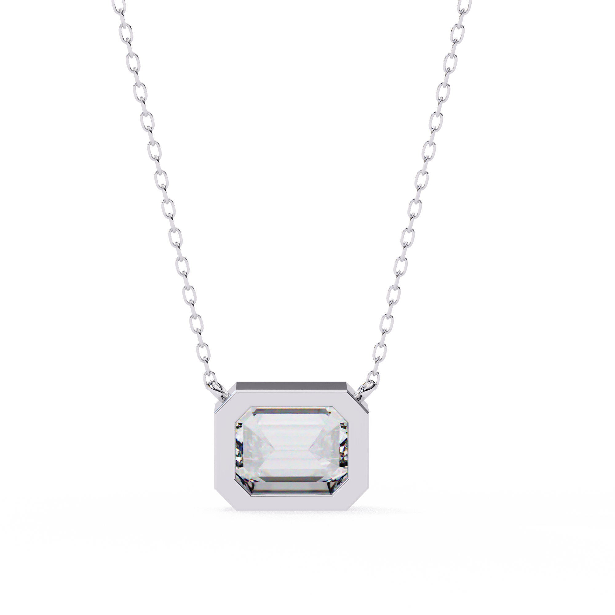 14K Gold East-West Bezel Set Emerald Cut Diamond Necklace