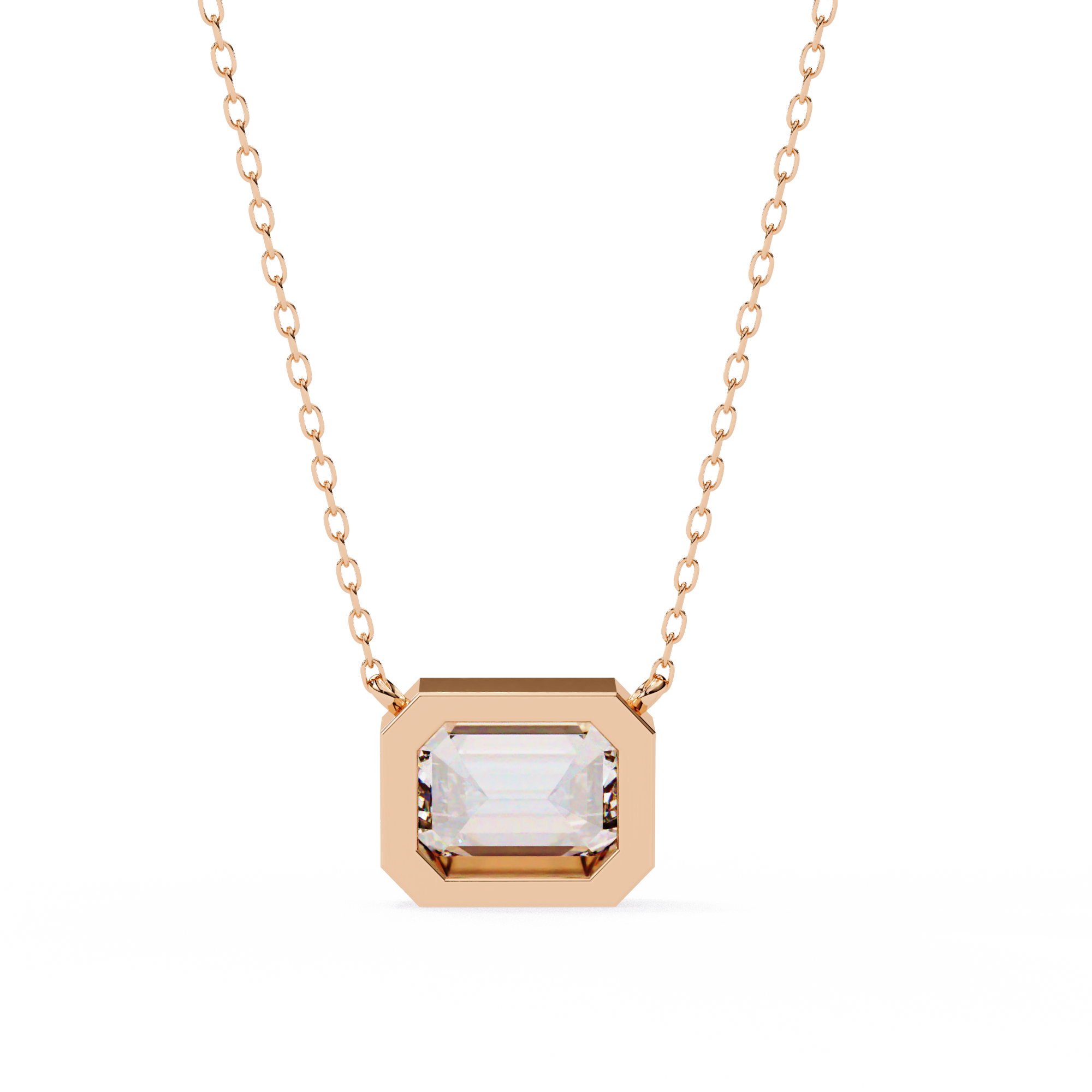 14K Gold East-West Bezel Set Emerald Cut Diamond Necklace