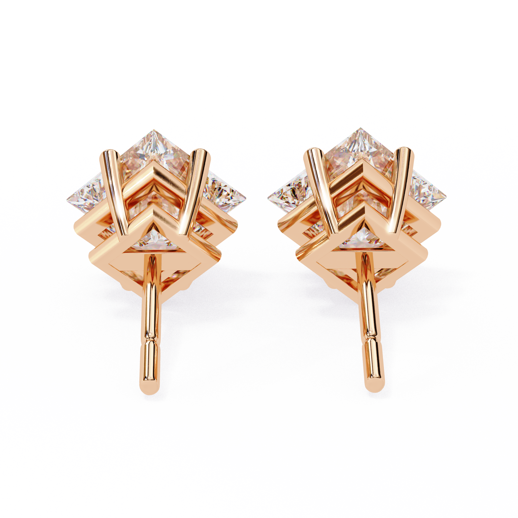 14K Gold Kite-Set Princess Cut Diamond Stud Earrings