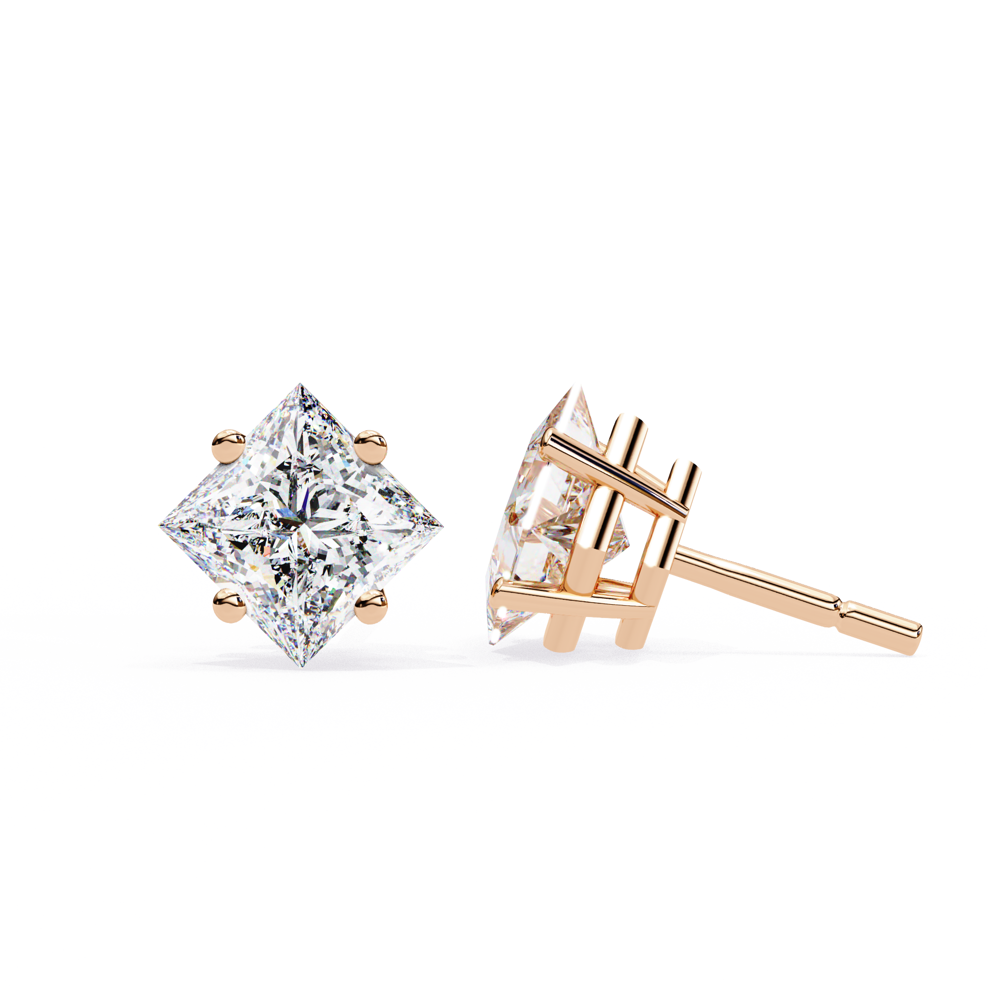 14K Gold Kite-Set Princess Cut Diamond Stud Earrings
