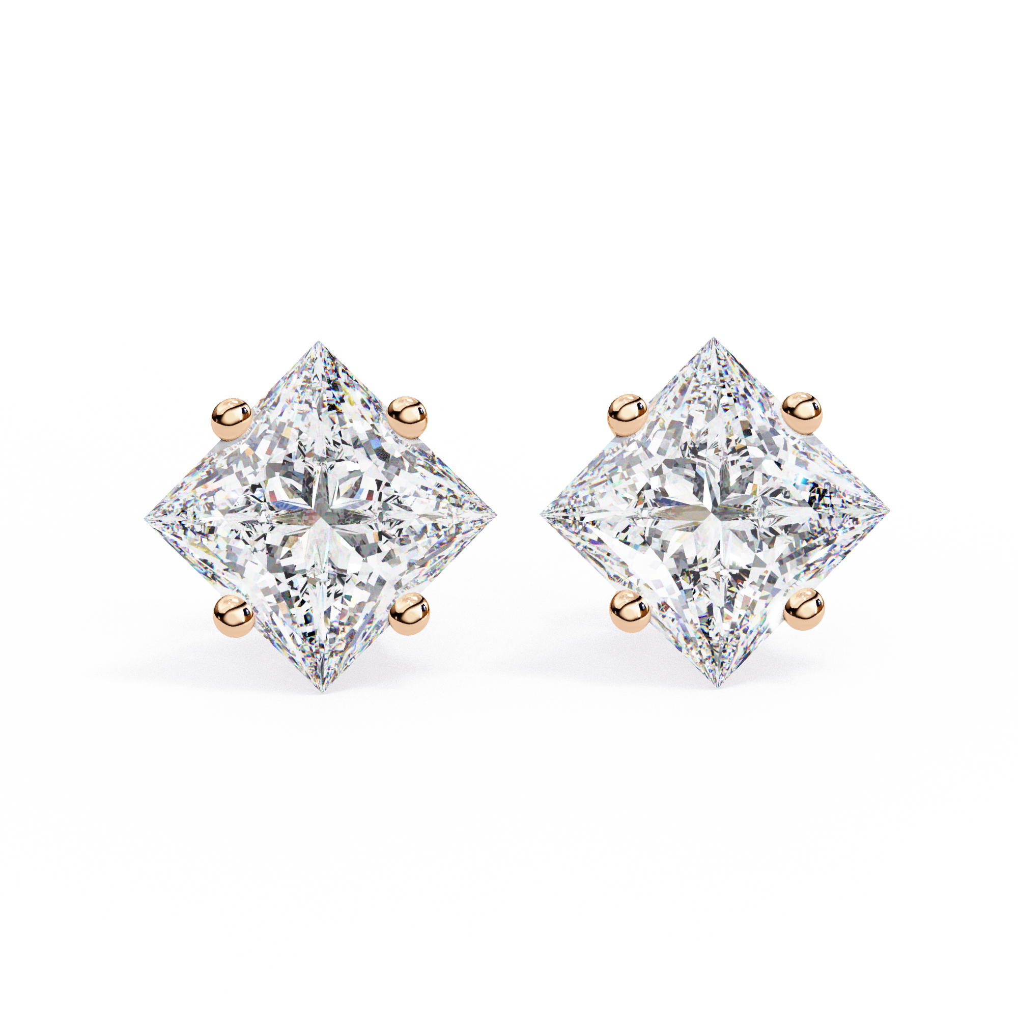14K Gold Kite-Set Princess Cut Diamond Stud Earrings