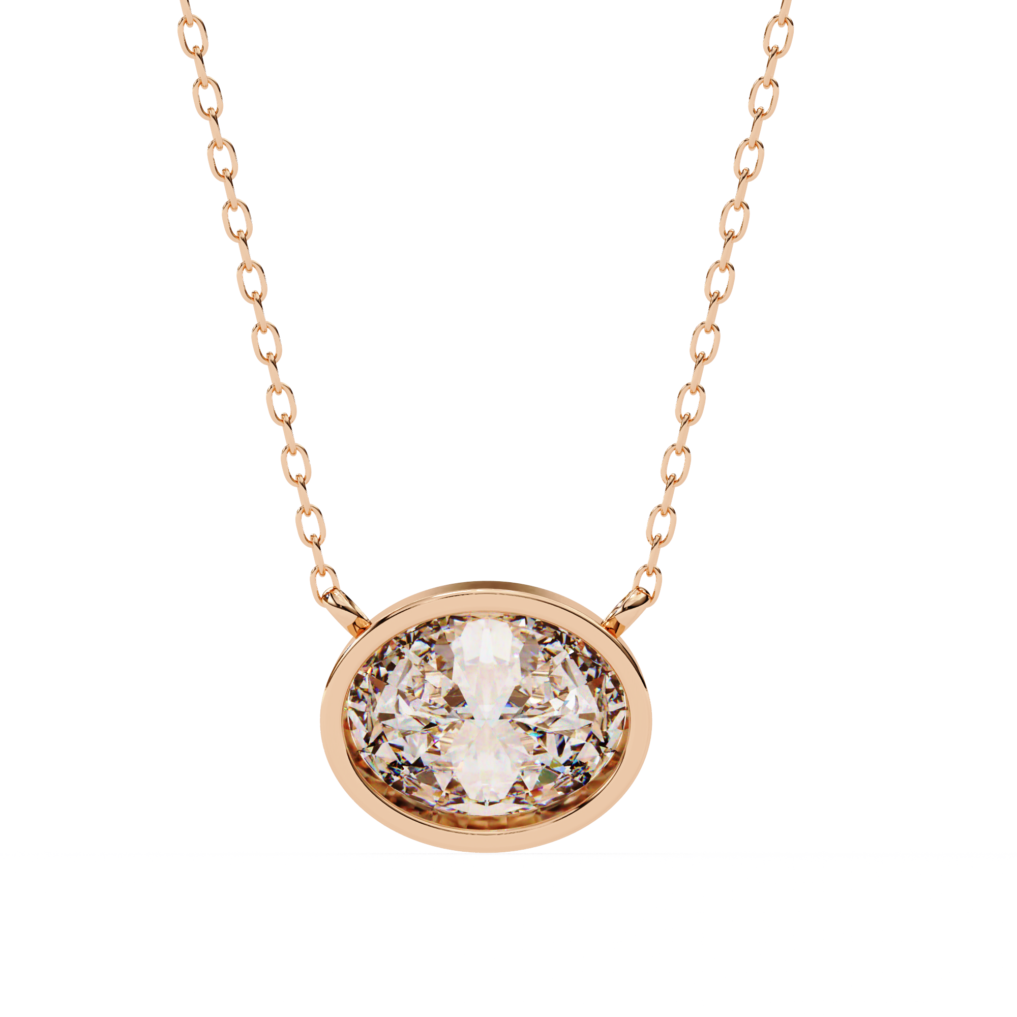 14K Gold East-West Bezel Set Oval Diamond Necklace