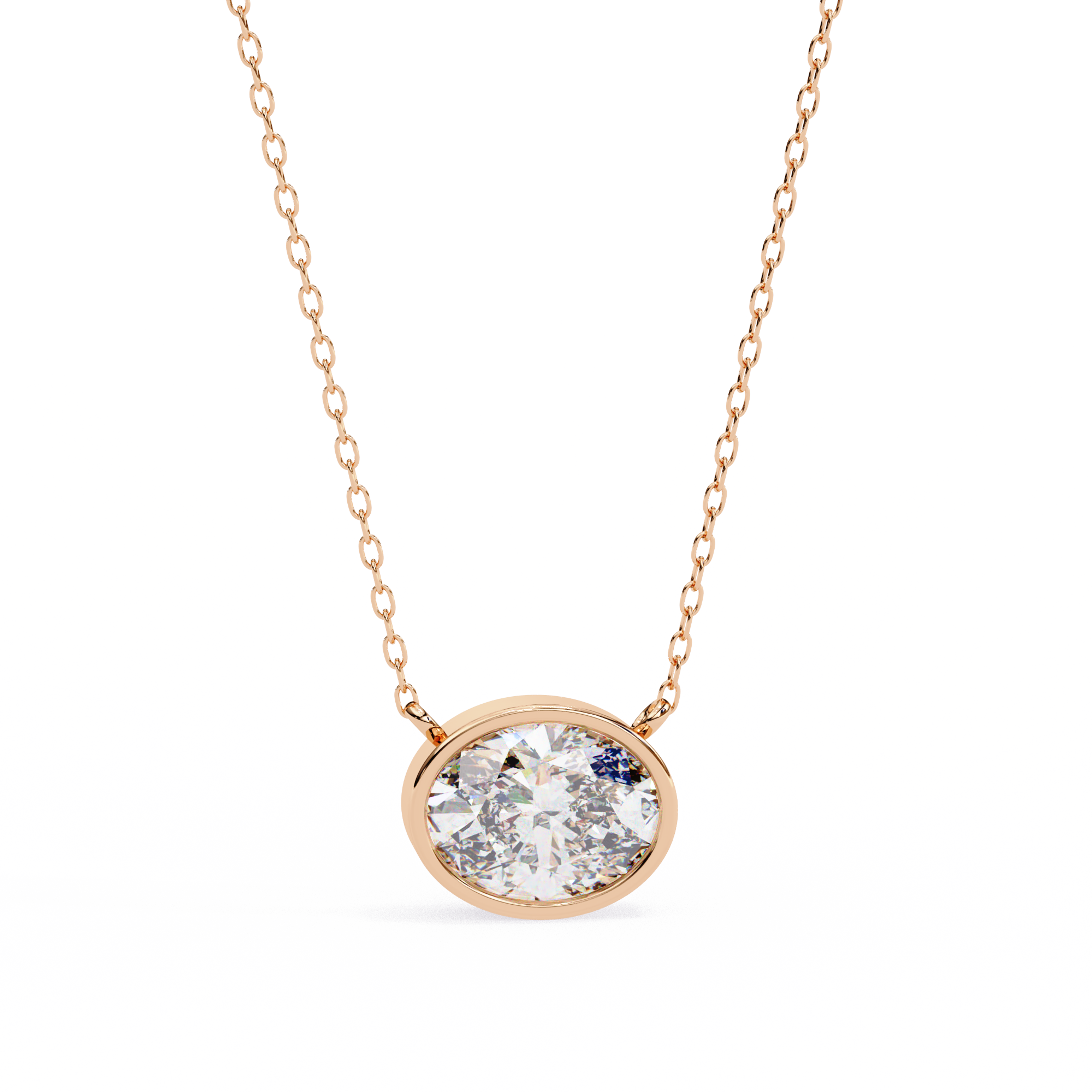 14K Gold East-West Bezel Set Oval Diamond Necklace