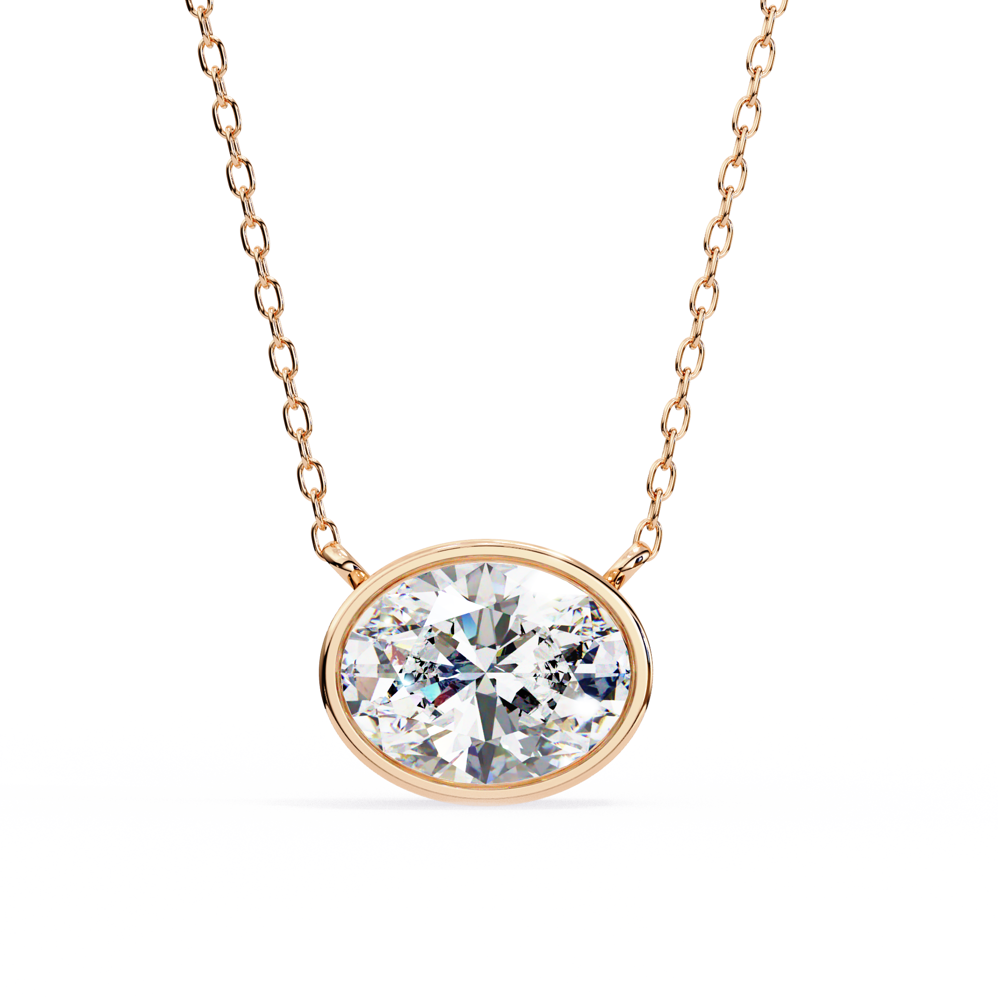 14K Gold East-West Bezel Set Oval Diamond Necklace